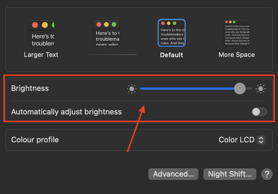 brightness slider on MacBook 
