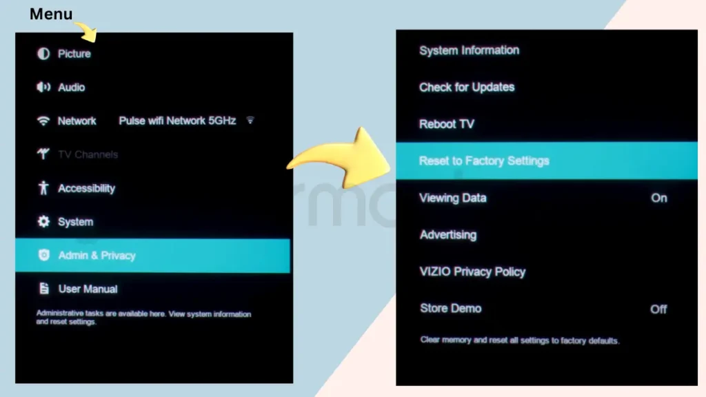 image showing How to Fix if Vizio SmartCast Not Working by resetting to factory settings